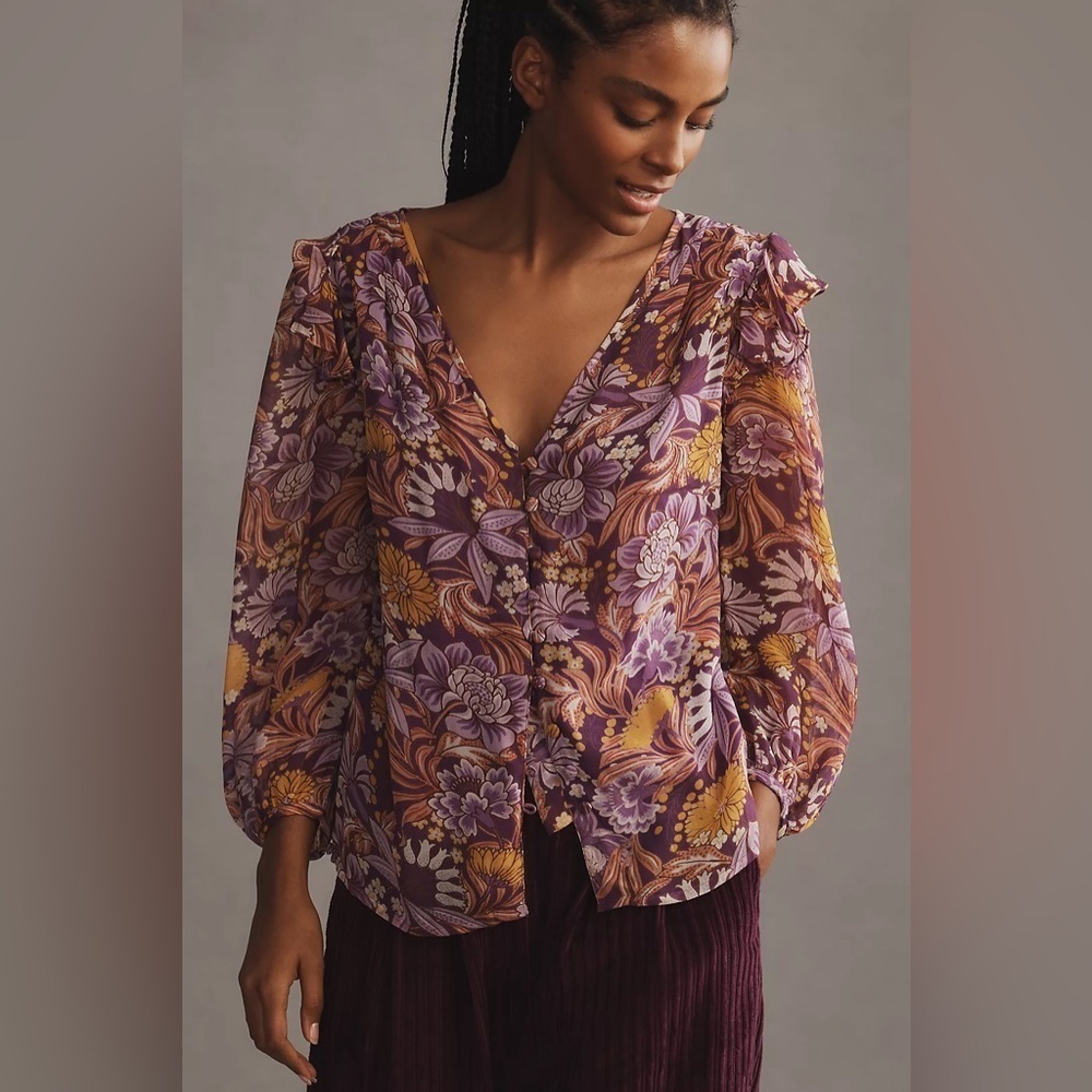 Banjanan Elise Top Size Small Purple Floral V Neck Ruffle Shoulder Sheer Sleeve